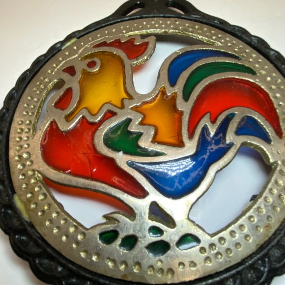 Vintage Black Cast Iron Rooster Trivet Stained Glass Look Plastic Farmhouse READ - Picture 4 of 5